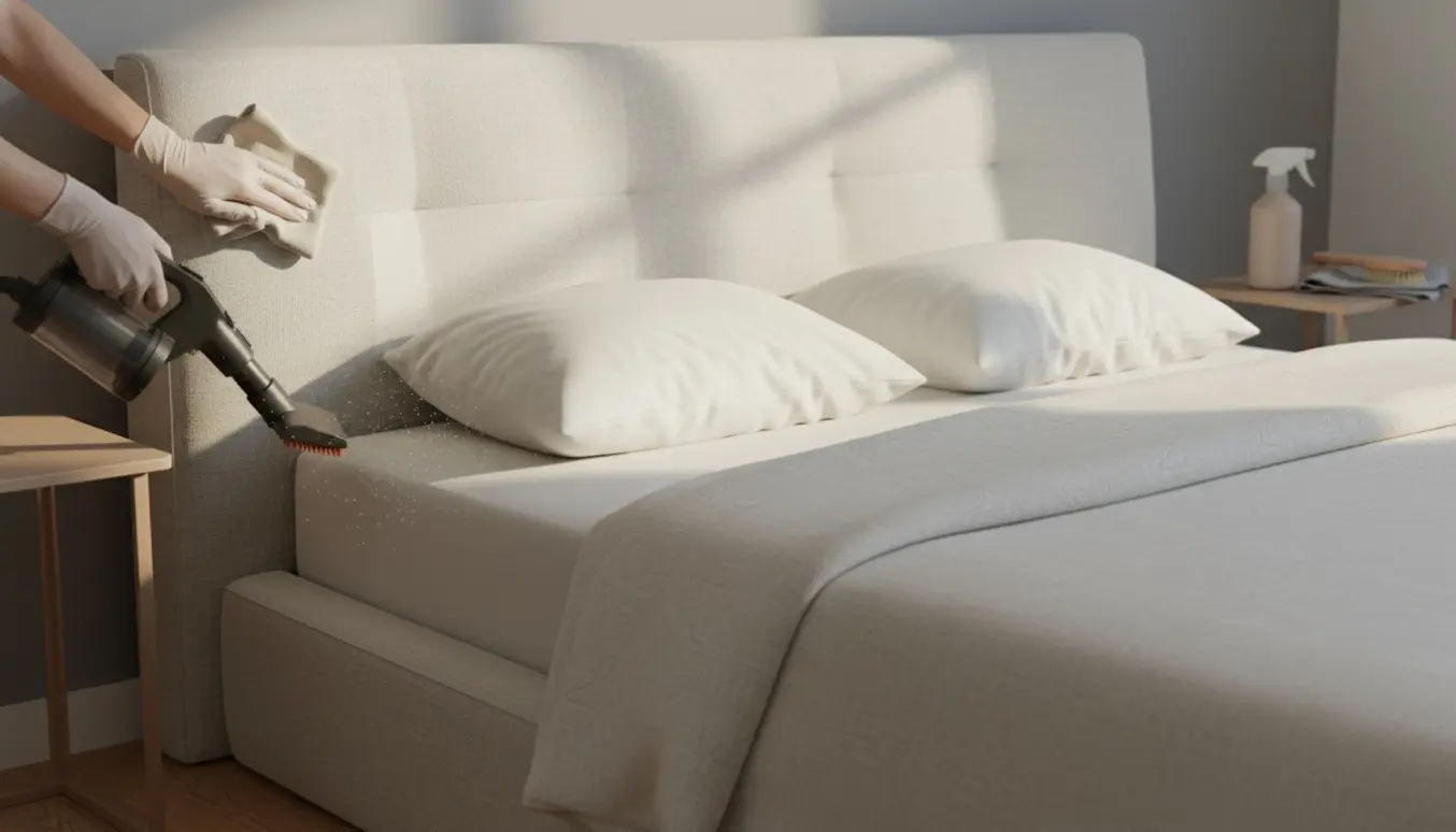 Hænder støvsuger og aftørrer et stofhovedgærde over en dobbeltseng, så en ren stribe fremstår.