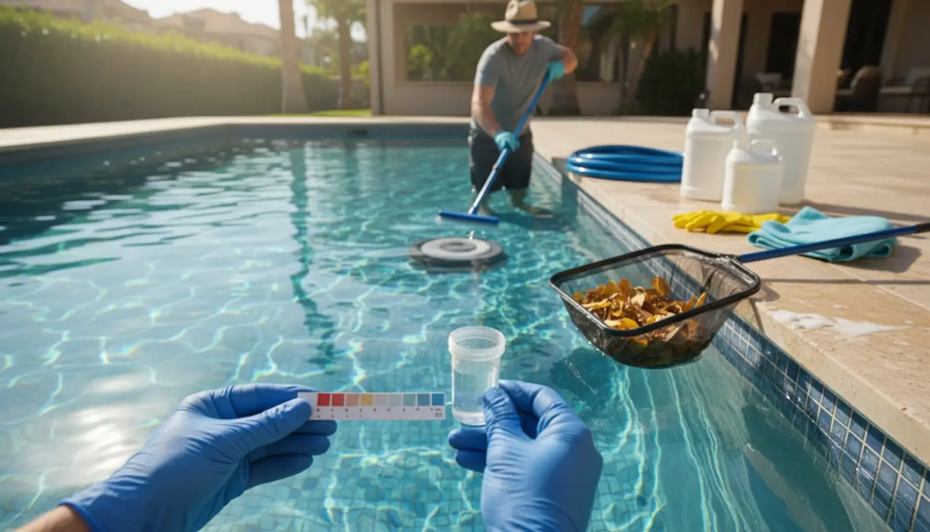 Hænder tester og rengør en baghavepool med børste, skimmer og støvsuger, vandet er klart og skinnende.