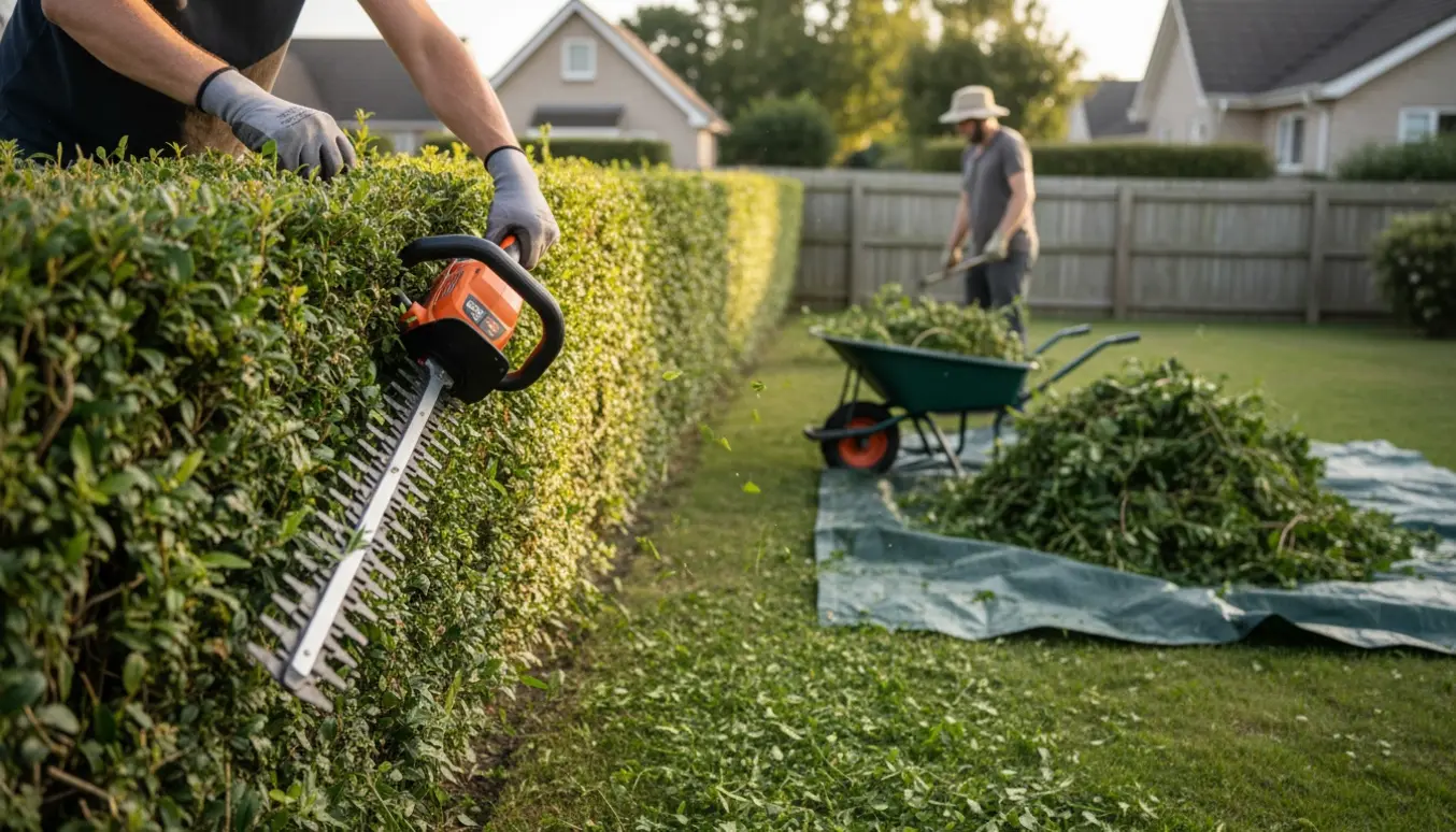 Lang hæk langs skel klippes 10–20 cm ned med hækkeklipper, bunker af grønt affald og trillebør i forgrunden.