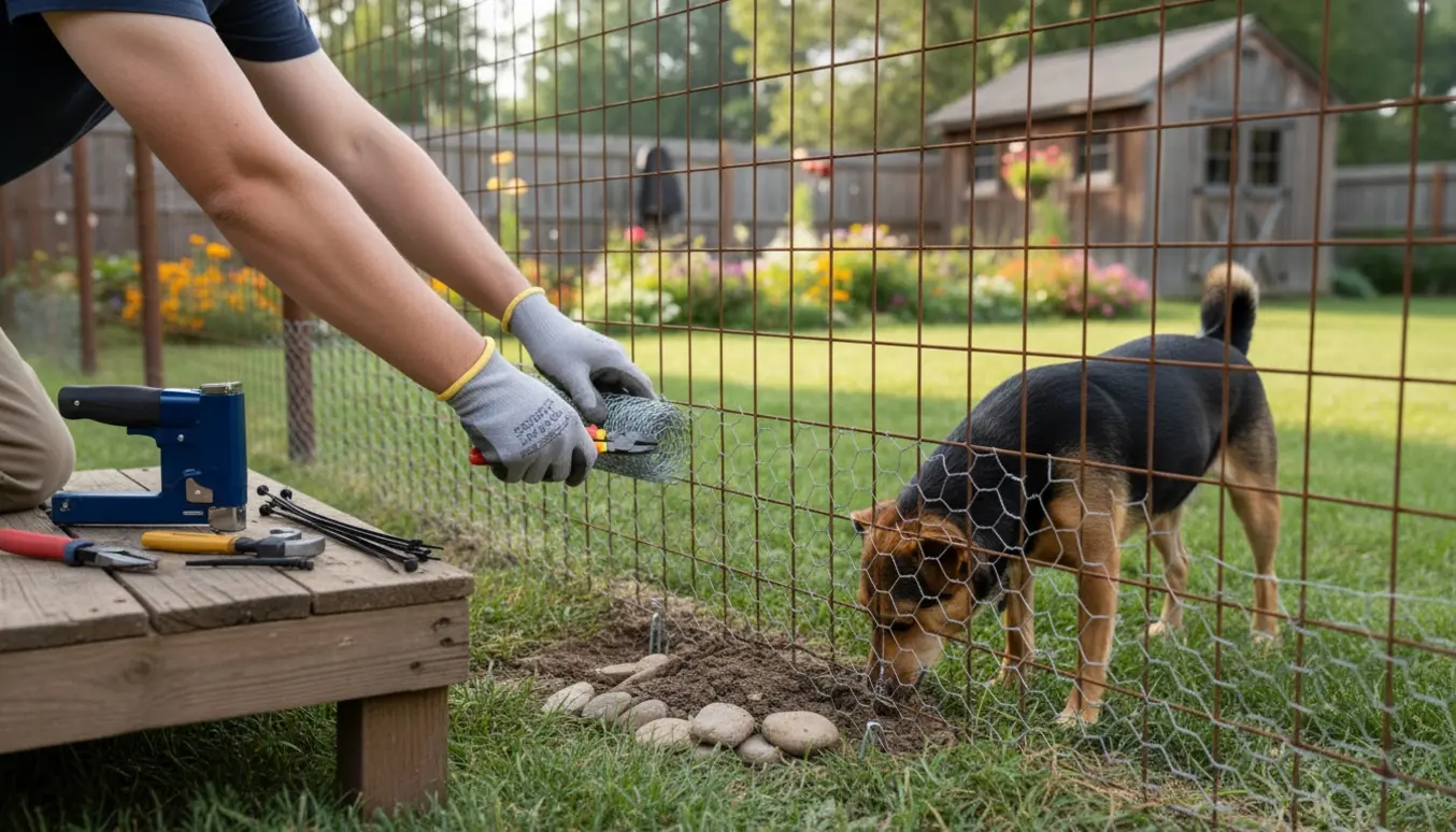 Hænder fastgør hønsenet langs bunden af et vildthegn i en baghave for at forhindre en hund i at grave sig ud.