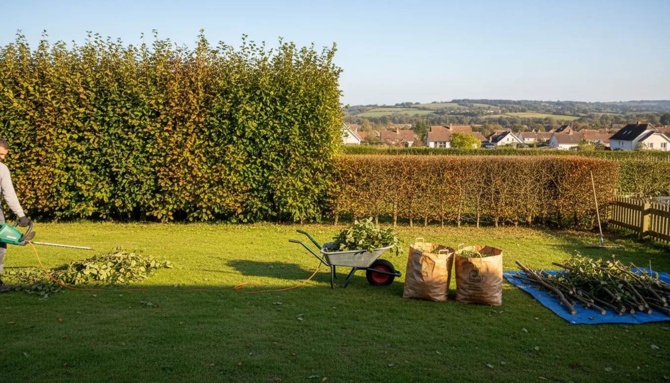 Udsnit af en person, set fra skuldrene ned, der klipper et langt nøddehegn med en elektrisk ledningshækkeklipper, hvor halvdelen er skåret ned til ca. 40–50 cm.