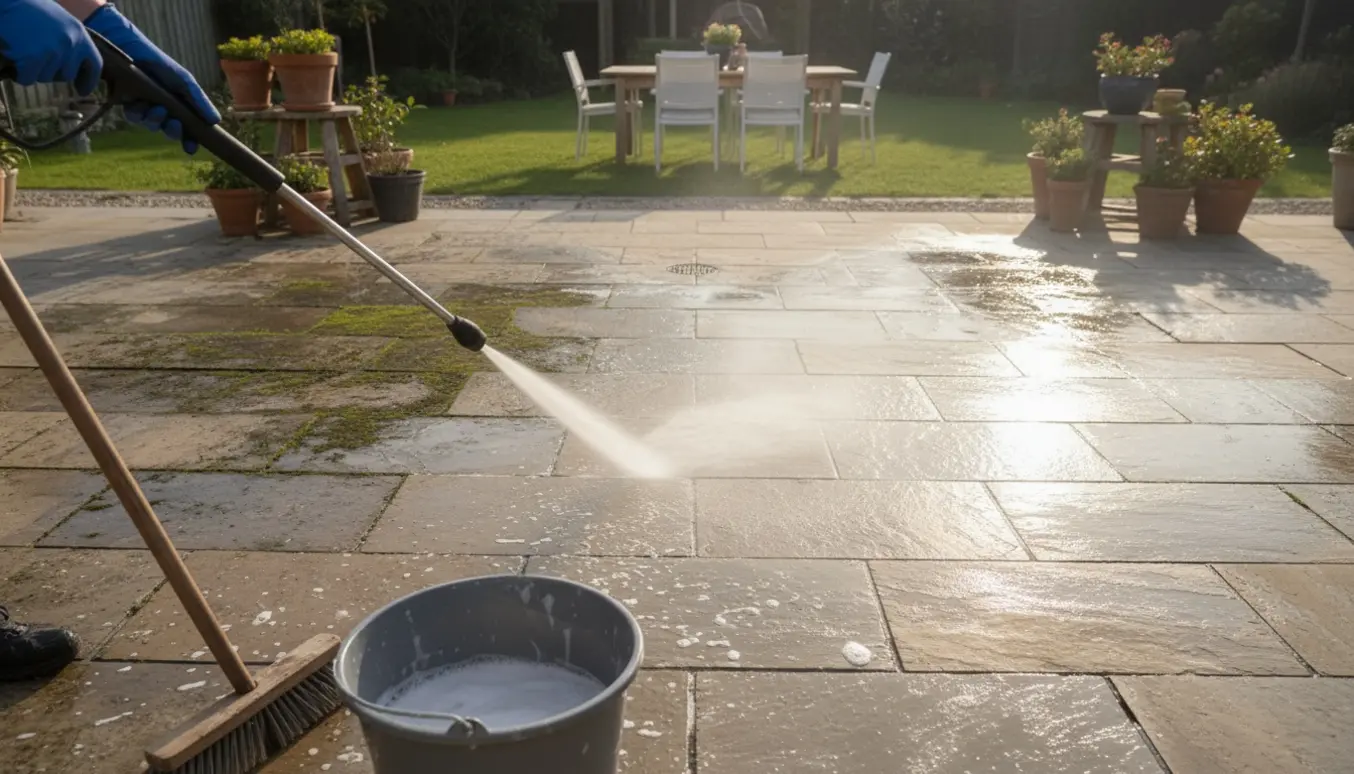 Havefliser vist før-og-efter, hvor en handske‑klædt person renser dem med højtryksrenser og kost.