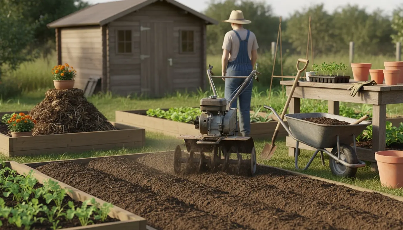 En person fræser jorden i en lille køkkenhave med højbede, kompost, trillebør og haveværktøj.
