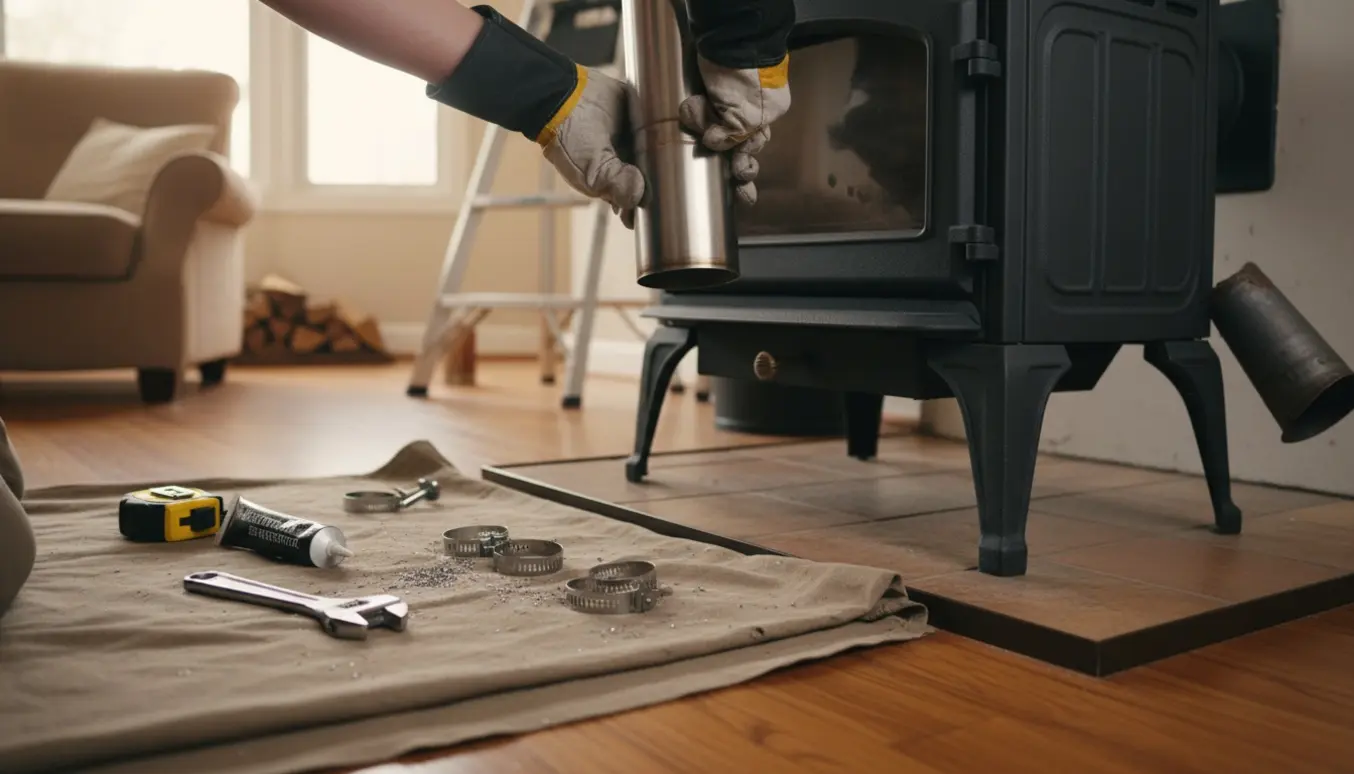 Hænder monterer et nyt røgrør på en brændeovn i en stue under installation.