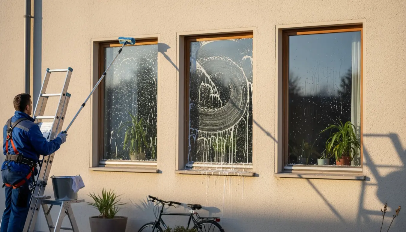 Udendørs vinduespudsning af tre vinduer på høj stueetage med skuresvamp og vinduesskraber.