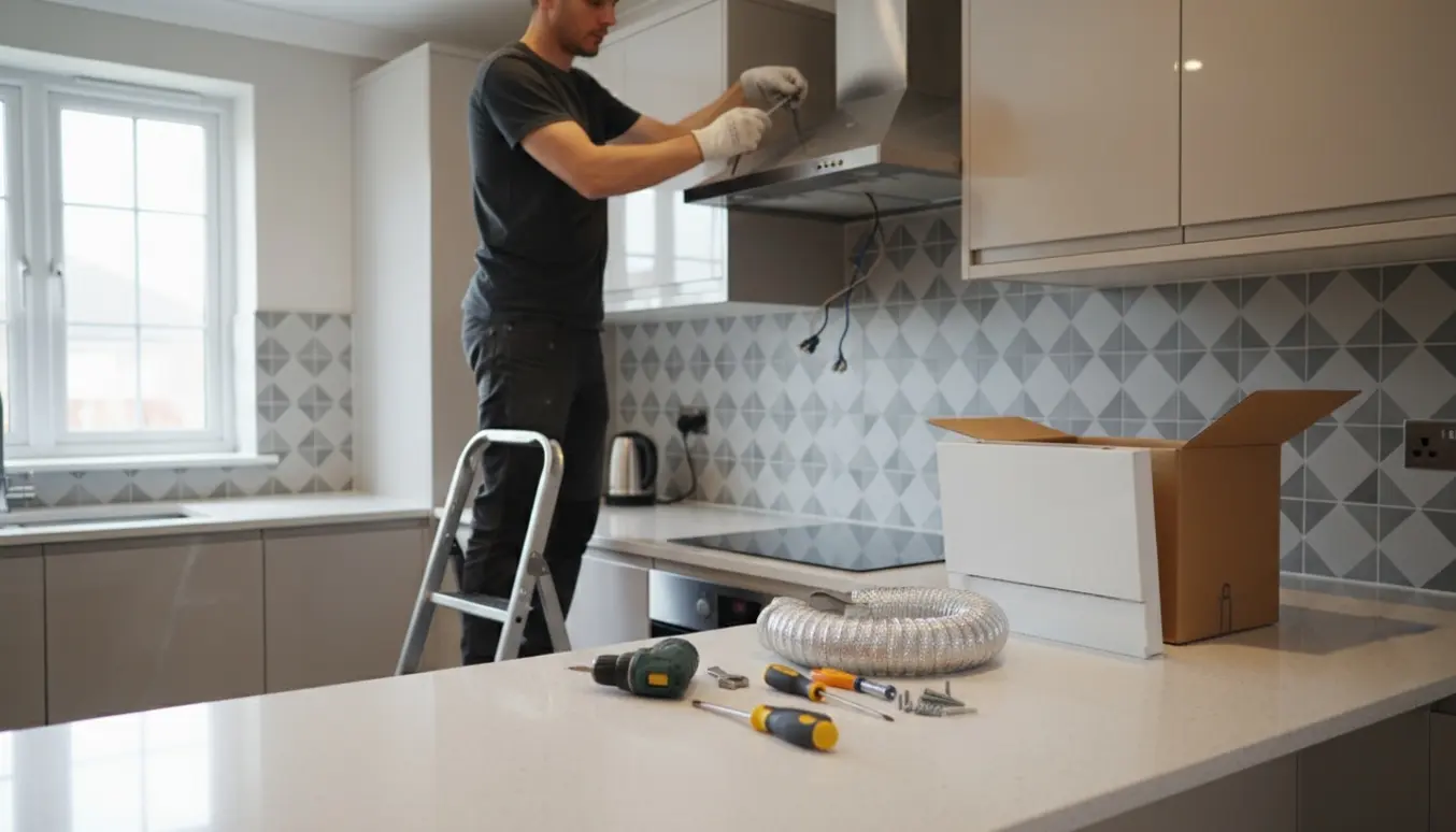 En håndværker udskifter en indbygnings-udtræksemhætte i et lyst køkken, med værktøj og den nye emhætte klar på bordet.