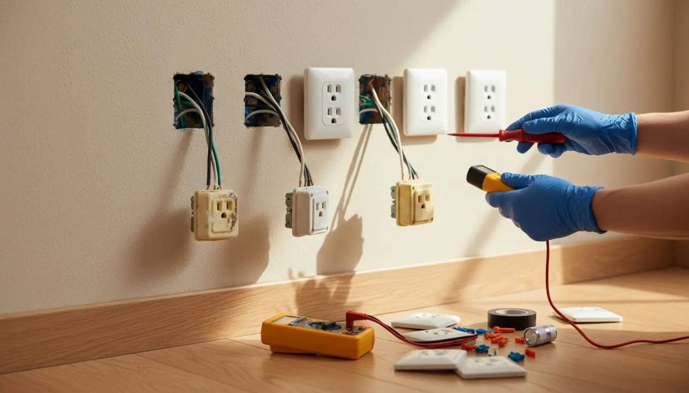 Nærbillede af hænder i arbejdshandsker, der reparerer og udskifter flere ældre stikkontakter på en væg med værktøj i forgrunden.