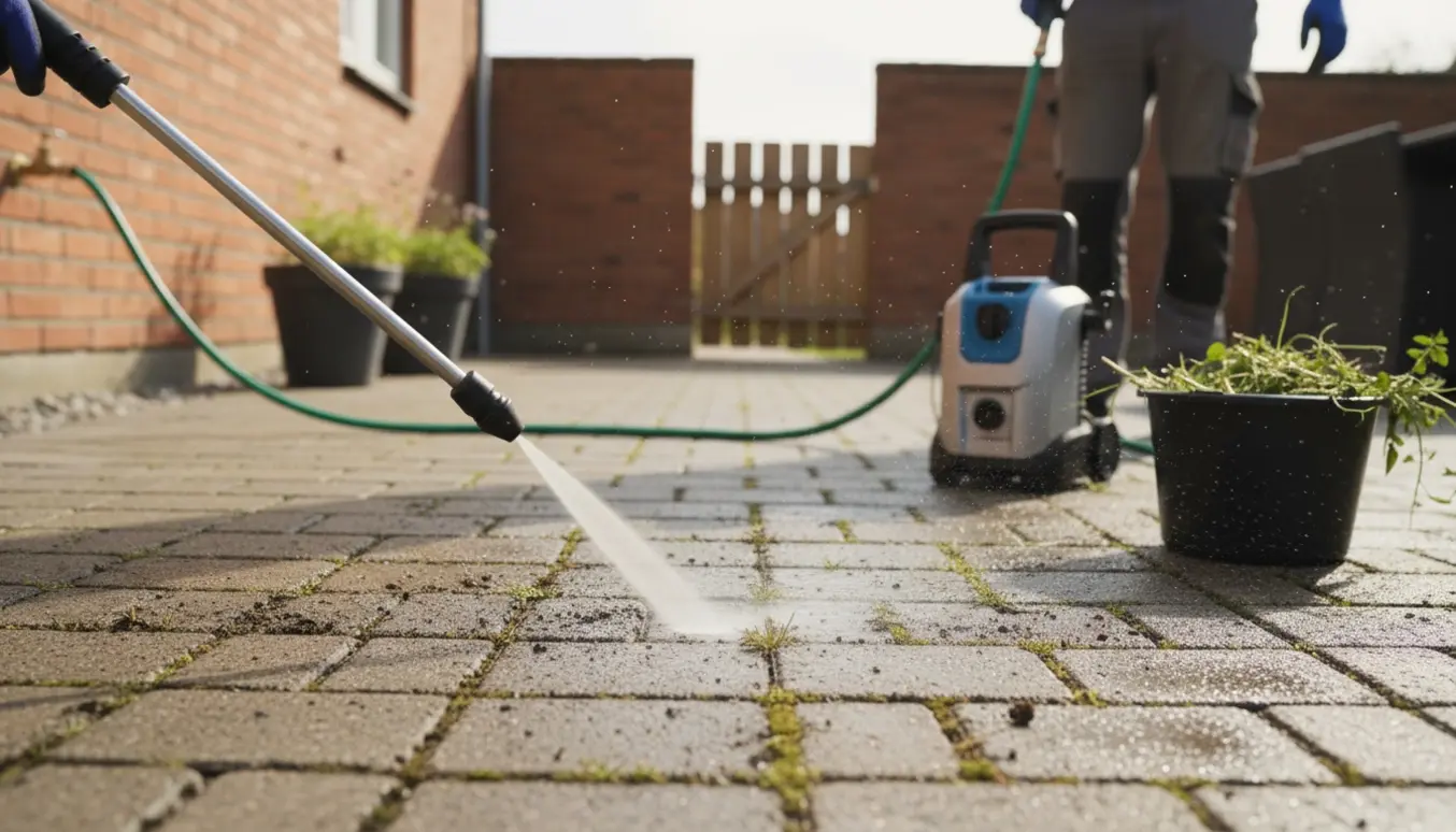 Højtryksrensning af fliser med vandsprøjt og fjernet ukrudt mellem fliserne i en nordisk baggård.