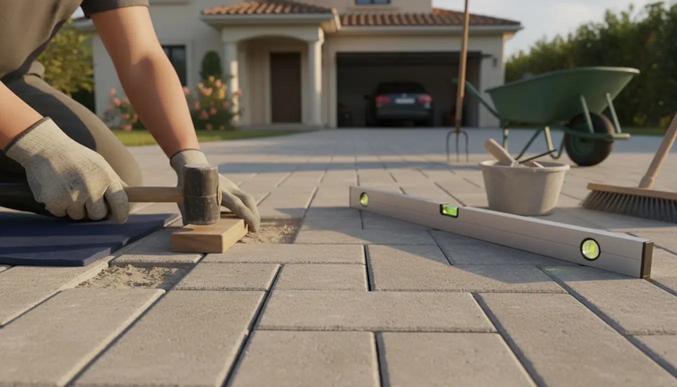 Hænder justerer og nivellerer flise ved indkørsel med værktøj og spand med sand.