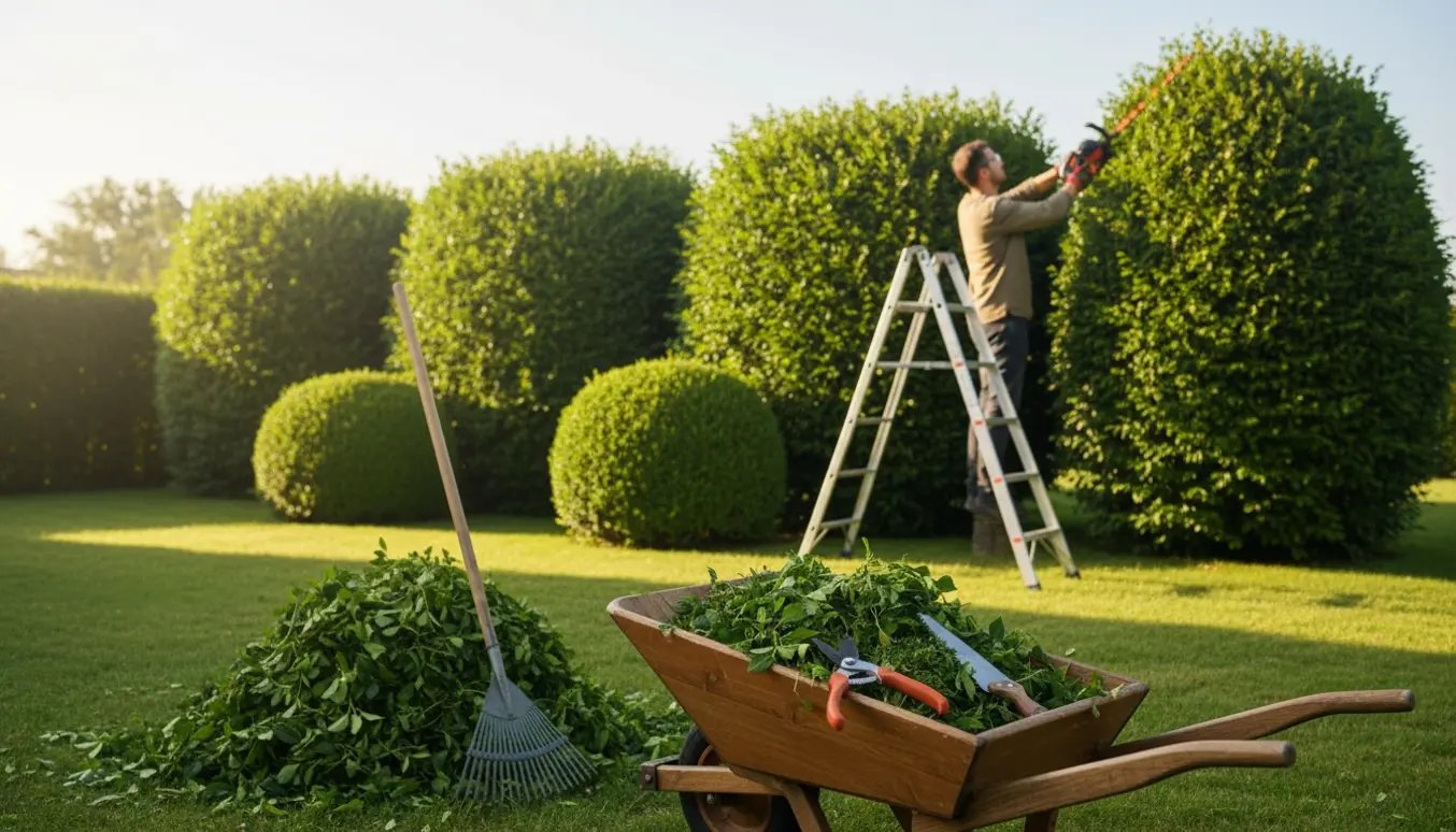 Havearbejder beskærer hække og en høj busk med stige, hækkeklipper og en trillebør fyldt med afklip.