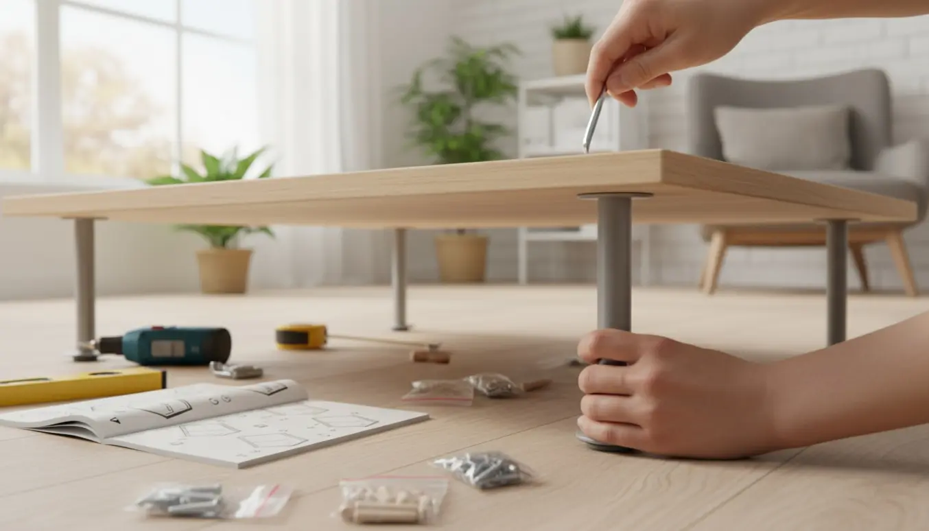 Hænder justerer et flat-pack skrivebord med unbrakonøgle og værktøj i et lyst hjemmekontor.