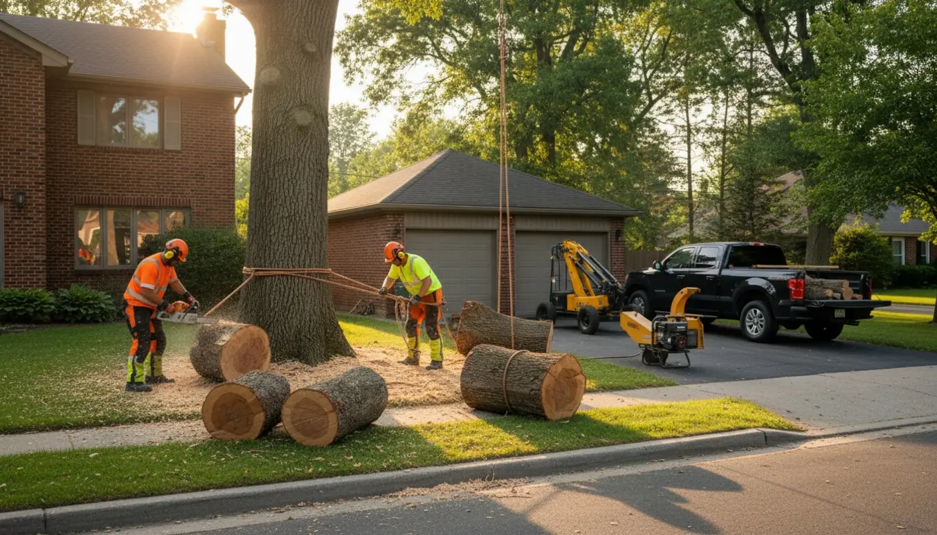 Professionel fældning af et stort gadetræ ved en villa, med afsavede stammer og savsmuld.