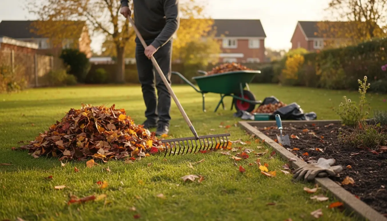 En person river blade sammen på en græsplæne ved et opryddet bed med en bunke blade klar til kompost.