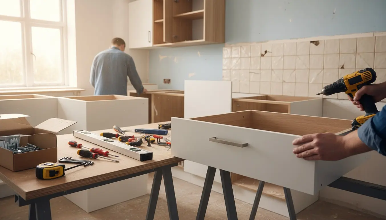 Håndværkere monterer et nyt Ikea-køkken med hvide skabe og træfronter, mens det gamle køkken er delvist fjernet.