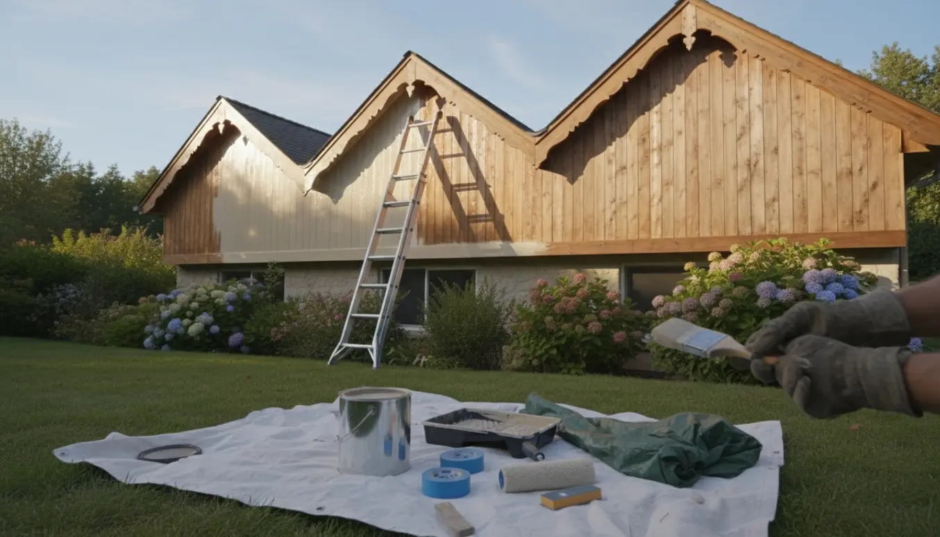 En hånd maler en af tre trægavle på et enkeltplanshus med stige, malerbøtte og afdækning i naturligt lys.