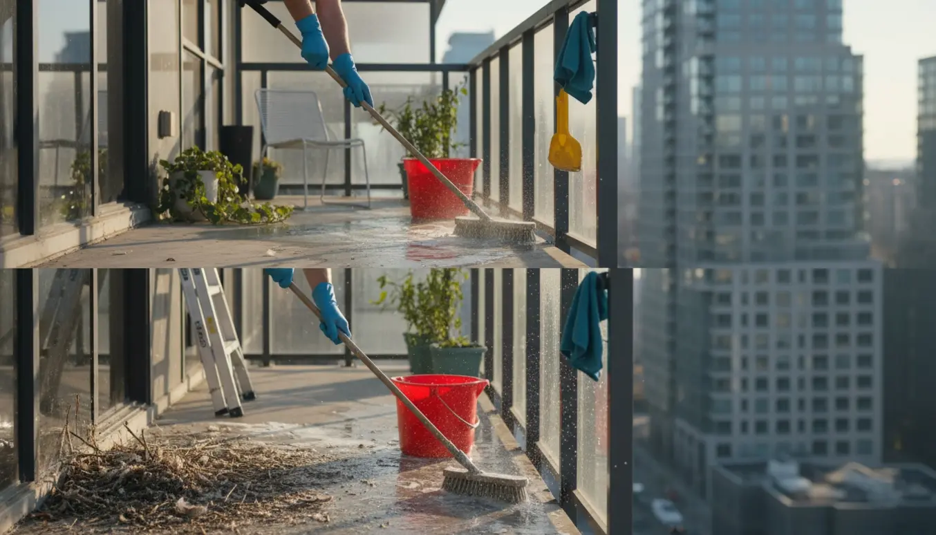 Tre stabelte altaner i en byejendom, hvor hænder i gummihandsker skrubber fugleklatter væk med børste og sæbevand.