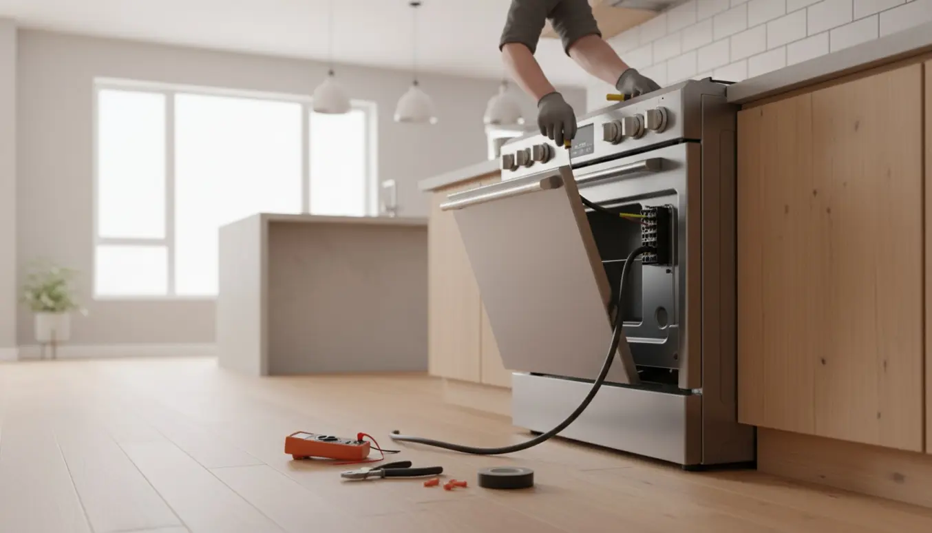 Tekniker tilslutter et nyt komfur med eksponeret kabel og ledninger i et moderne køkken.