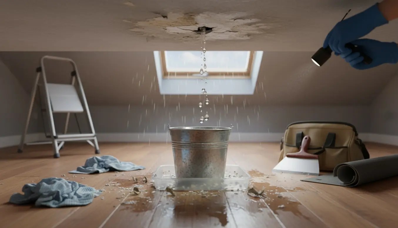 Vand drypper fra et utæt loft ned i en spand, omgivet af våde pletter og reparationsværktøj.