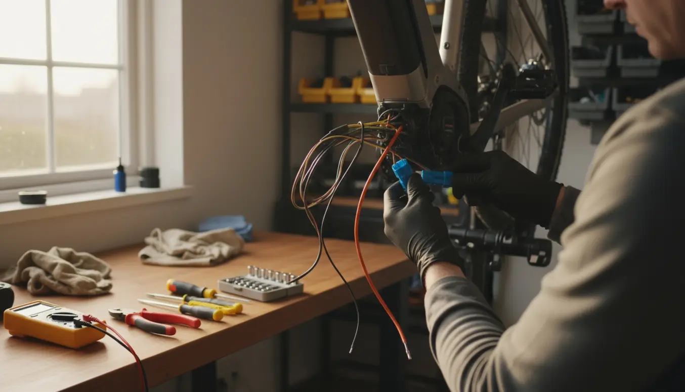 Elcykel på værksted med åben motor og løse ledninger, mens hænder forsøger at forbinde en stikforbindelse.