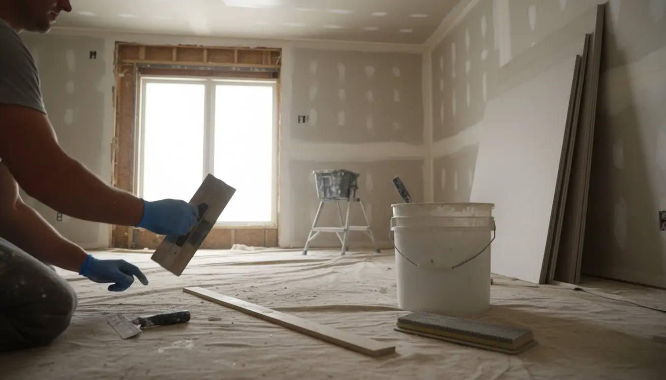 Første sal under istandsættelse efter nedrevet væg med spartel, gipsplader og afdækkede gulve.