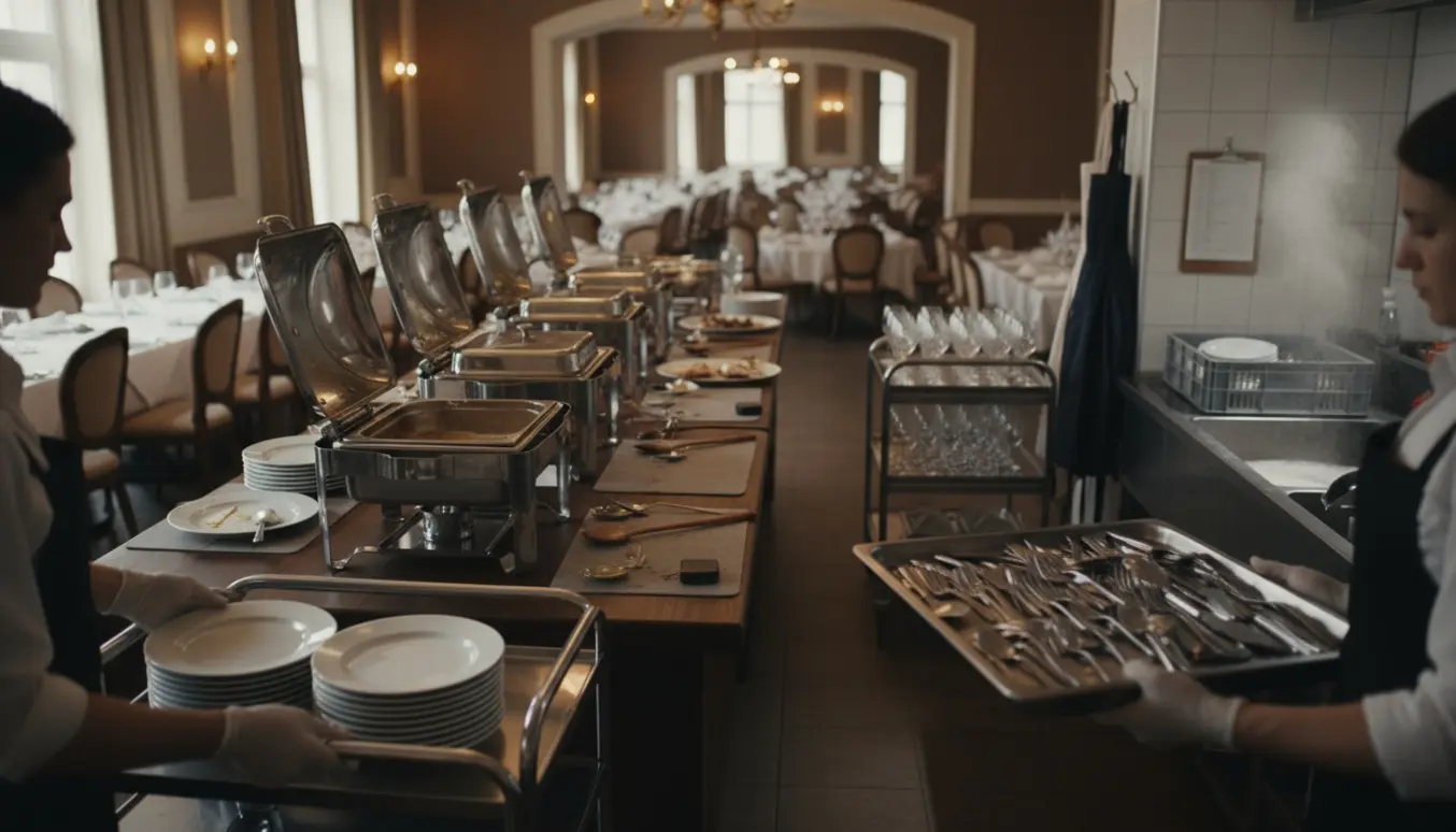 Hænder stabler tallerkener og personale rydder op ved buffetbordet efter en stor fest.