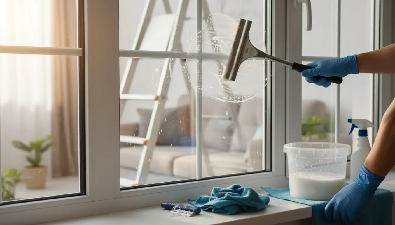 Hænder i handsker pudser nye vinduer med skraber og mikrofiberklud, mens klistermærker og fingermærker fjernes.