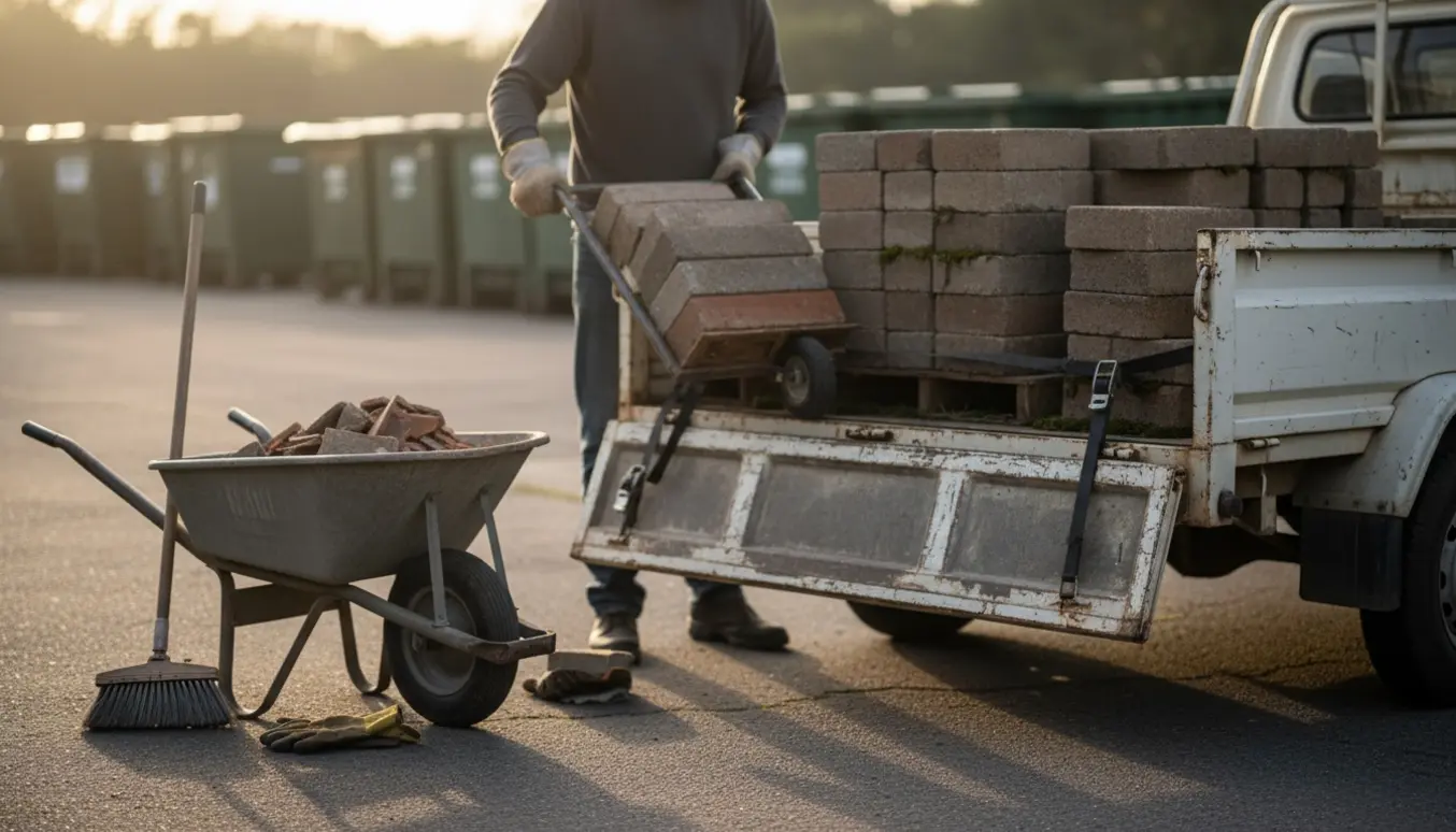 Person læsser bunker af fliser i en åben trailer på indkørsel, klar til aflevering på genbrugsstationen.