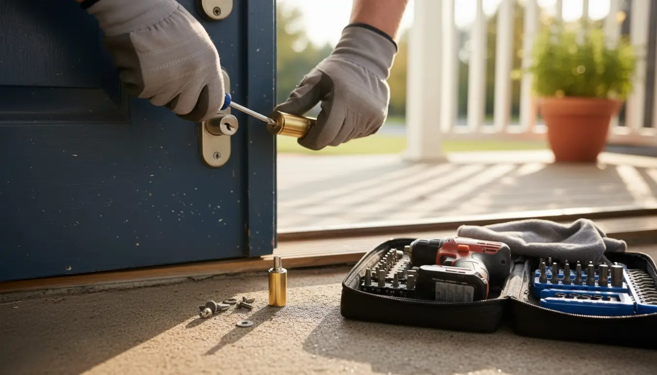 Nærbillede af en låsesmeds hænder, der udskifter en låsecylinder i en yderdør med værktøj ved siden af.