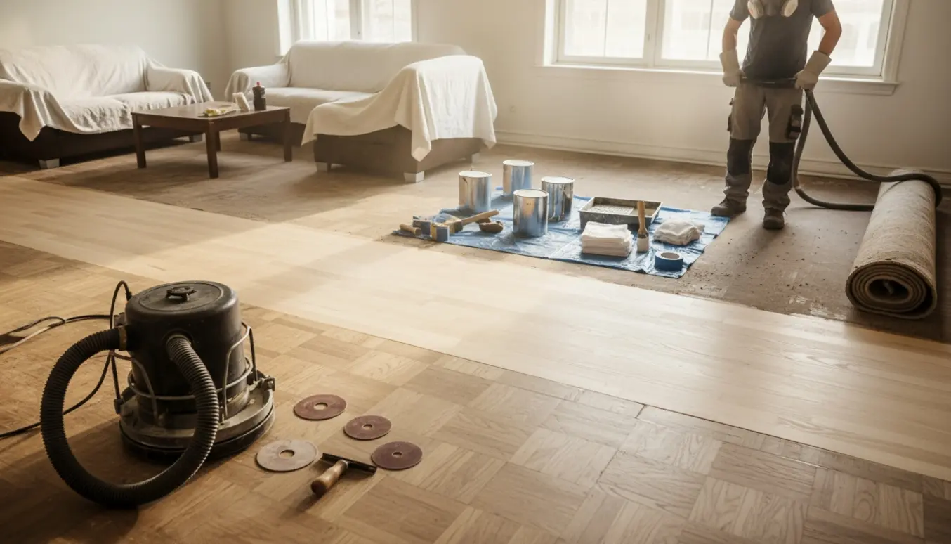 Solbelyst stue med nyligt slebet parketgulv, gulvsliber og lakeringsudstyr klar.