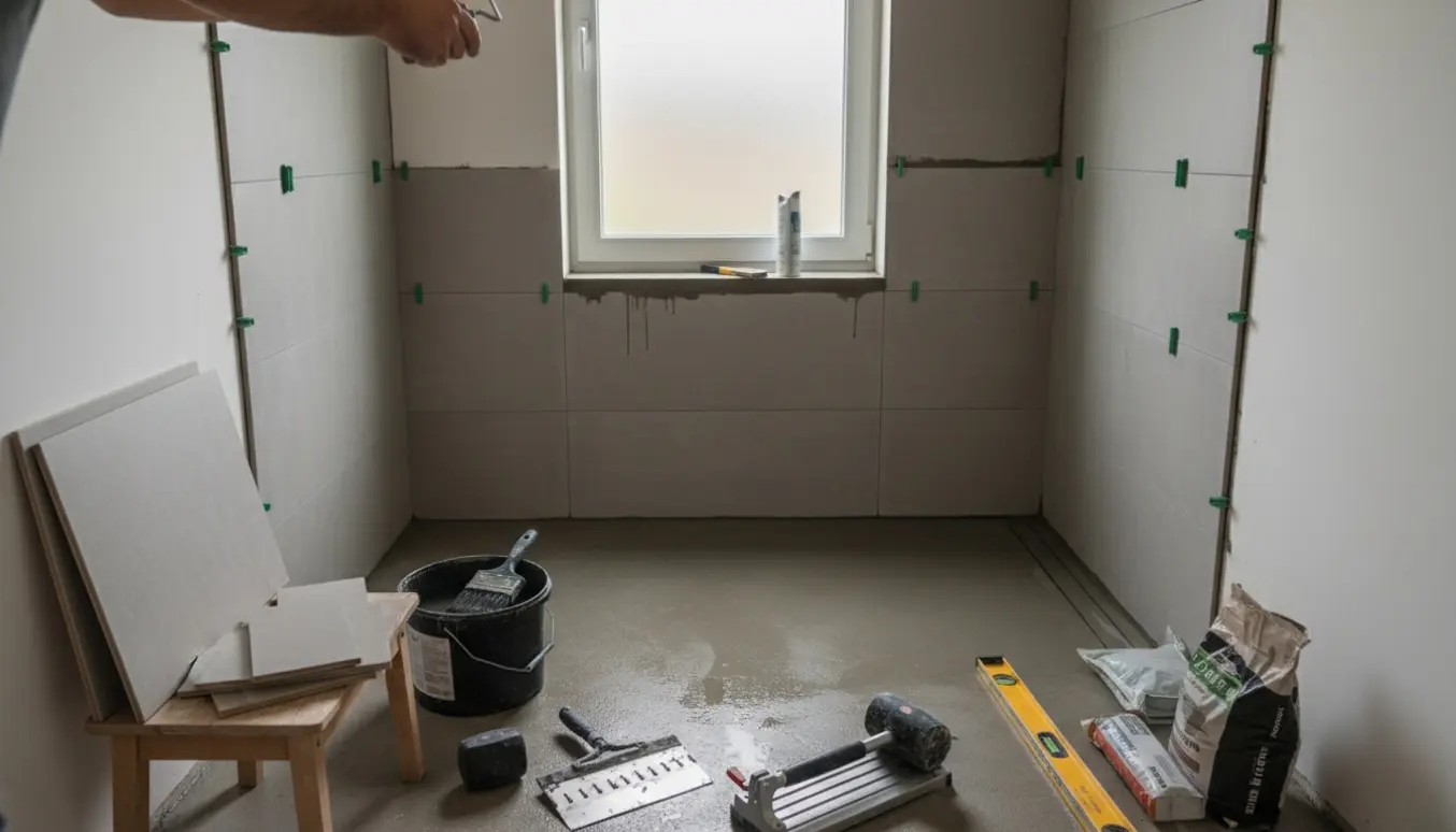 Badeværelse under renovering med ny betonbund, vådrumssikring og delvist monterede væg- og gulvfliser.