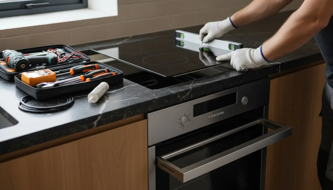 Håndværker monterer nyt induktionskomfur og skyder ovn på plads i køkken med ny stenbordplade.