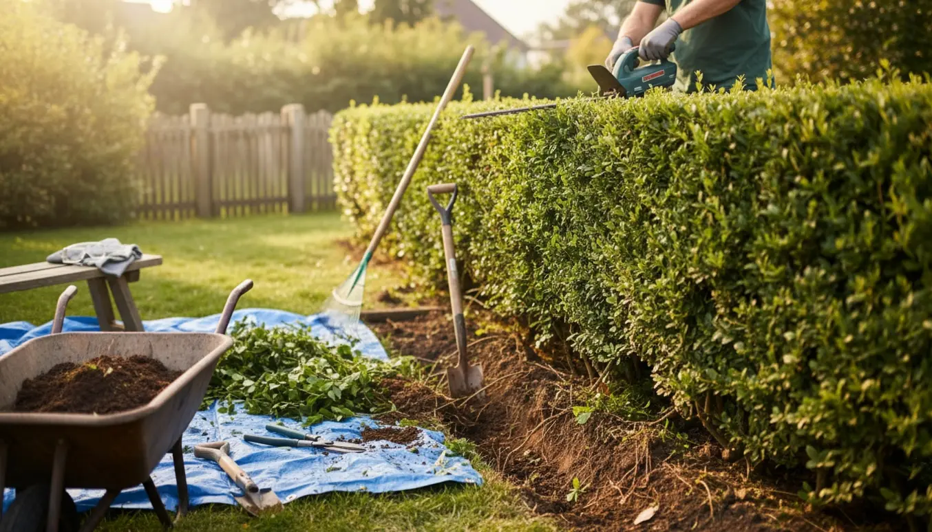 Hækkeklipning og jordfjernelse i en soloplyst have med trillebør og redskaber.