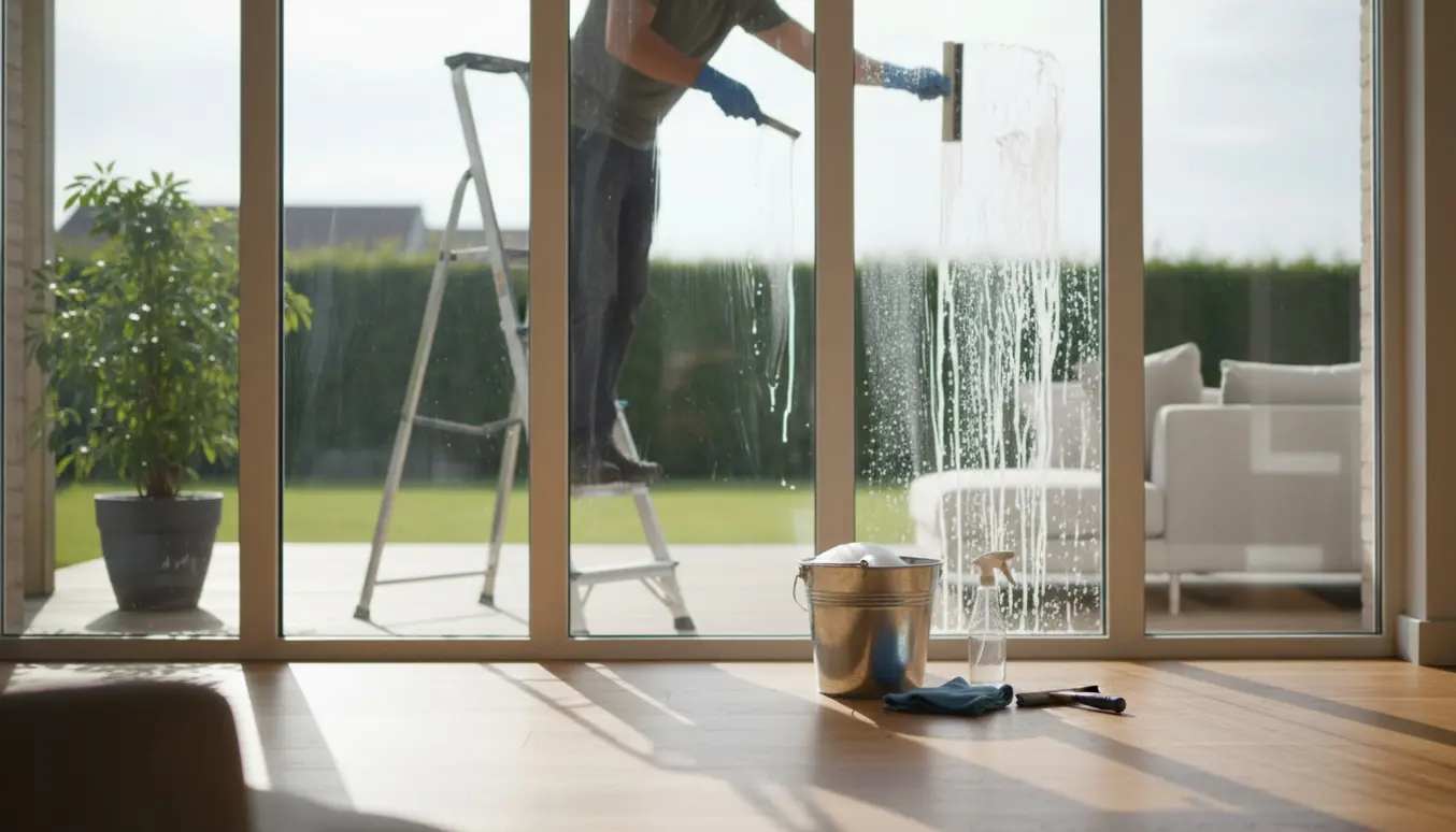 Lyse stuer med høje vinduer, en stige udenfor og rengøringsudstyr på en vindueskarm, mens en person pudser vinduet uden at vise ansigt.