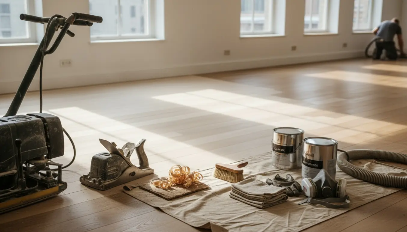 Delvist slebet og efterbehandlet trægulv i en lys stue med gulvsliber, høvl og efterbehandlingsmaterialer.