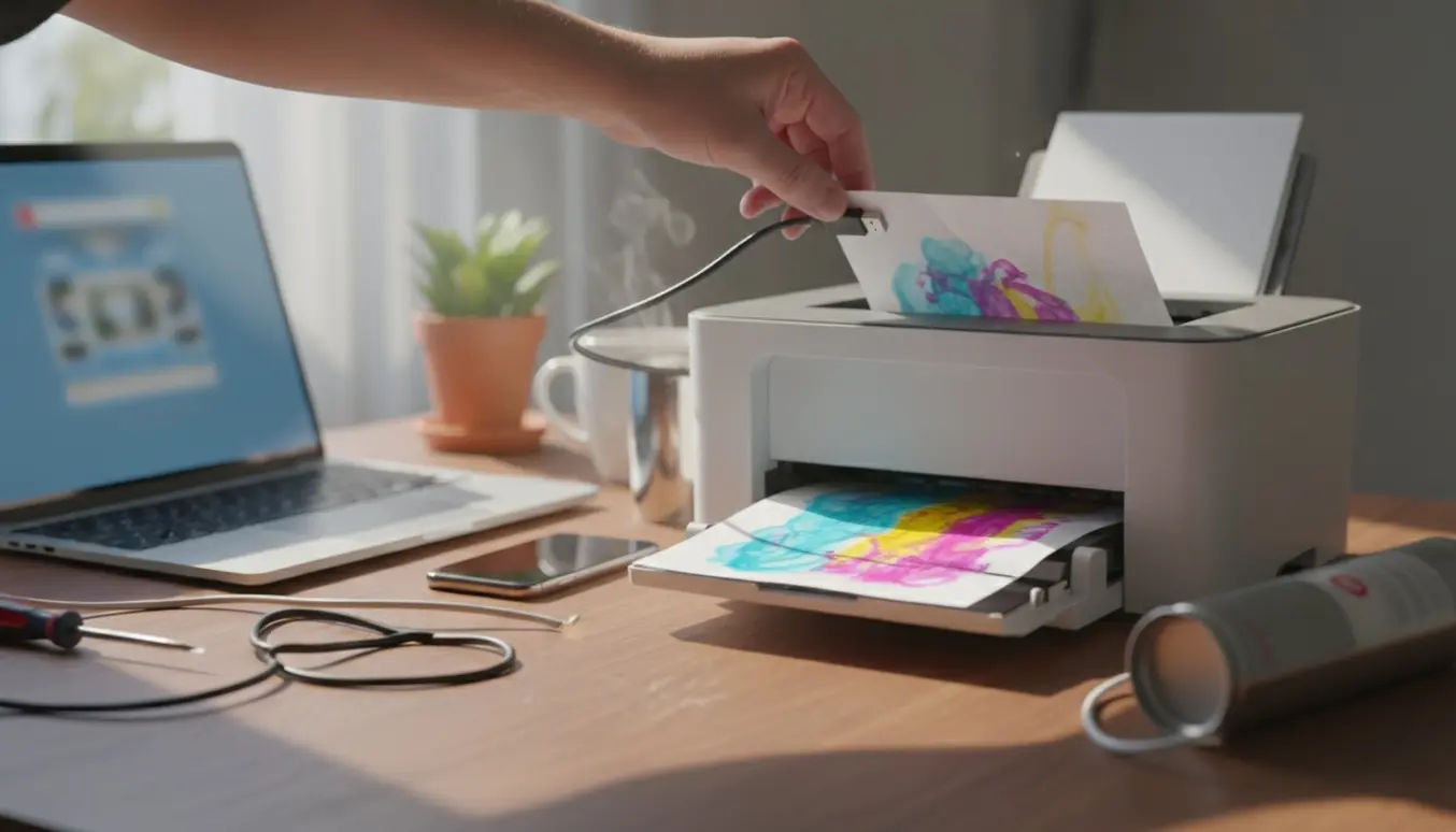 Hænder forsøger at tilslutte en printer til en langsom bærbar på et hjemmekontor.