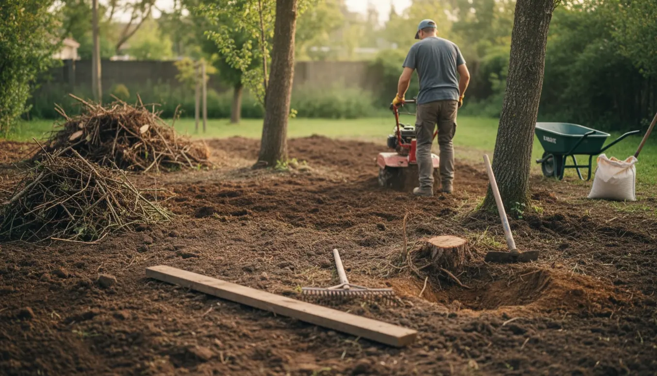 Fræset jord med redskaber og en person set bagfra, klar til planing og såning af græs.
