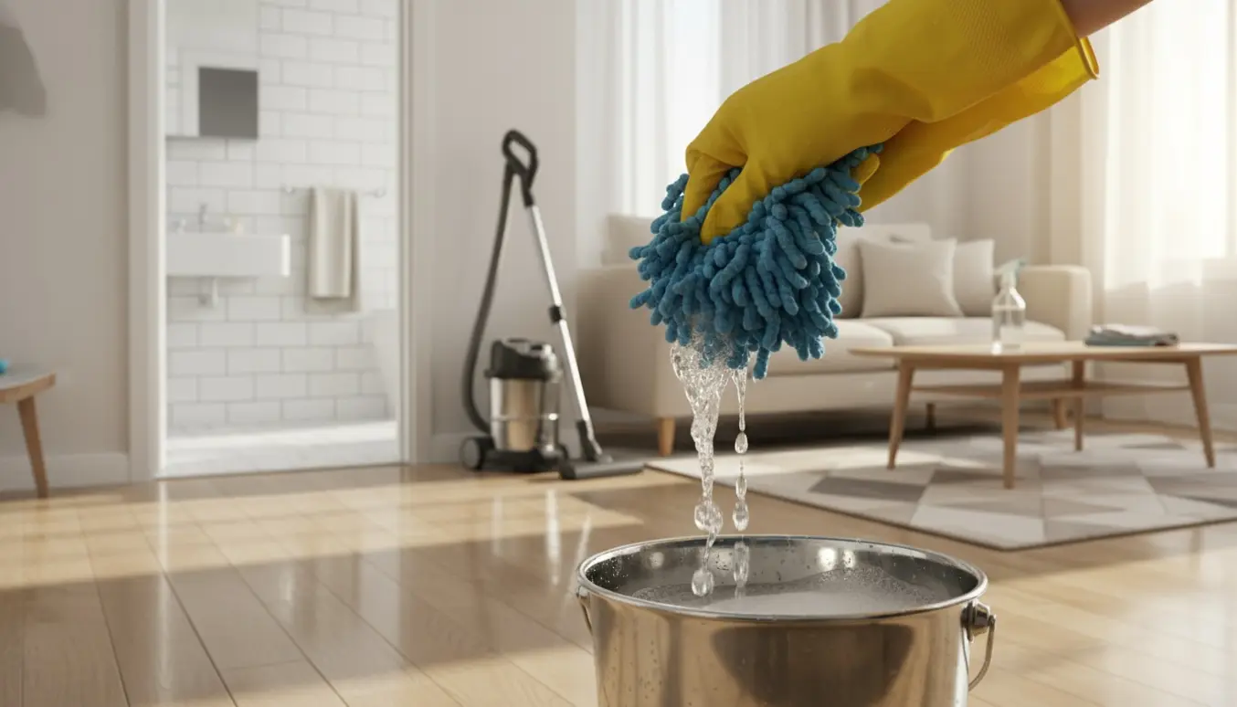 Gummihandsker vrider moppe over spand i lys lejlighed med støvsuger og nymoppet gulv og synligt badeværelse i baggrunden.