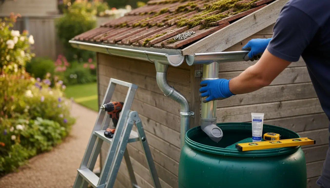 Nærbillede af montering af zink-tagrender på et udendørs skur med nedløb ført til en regnvandstønde.