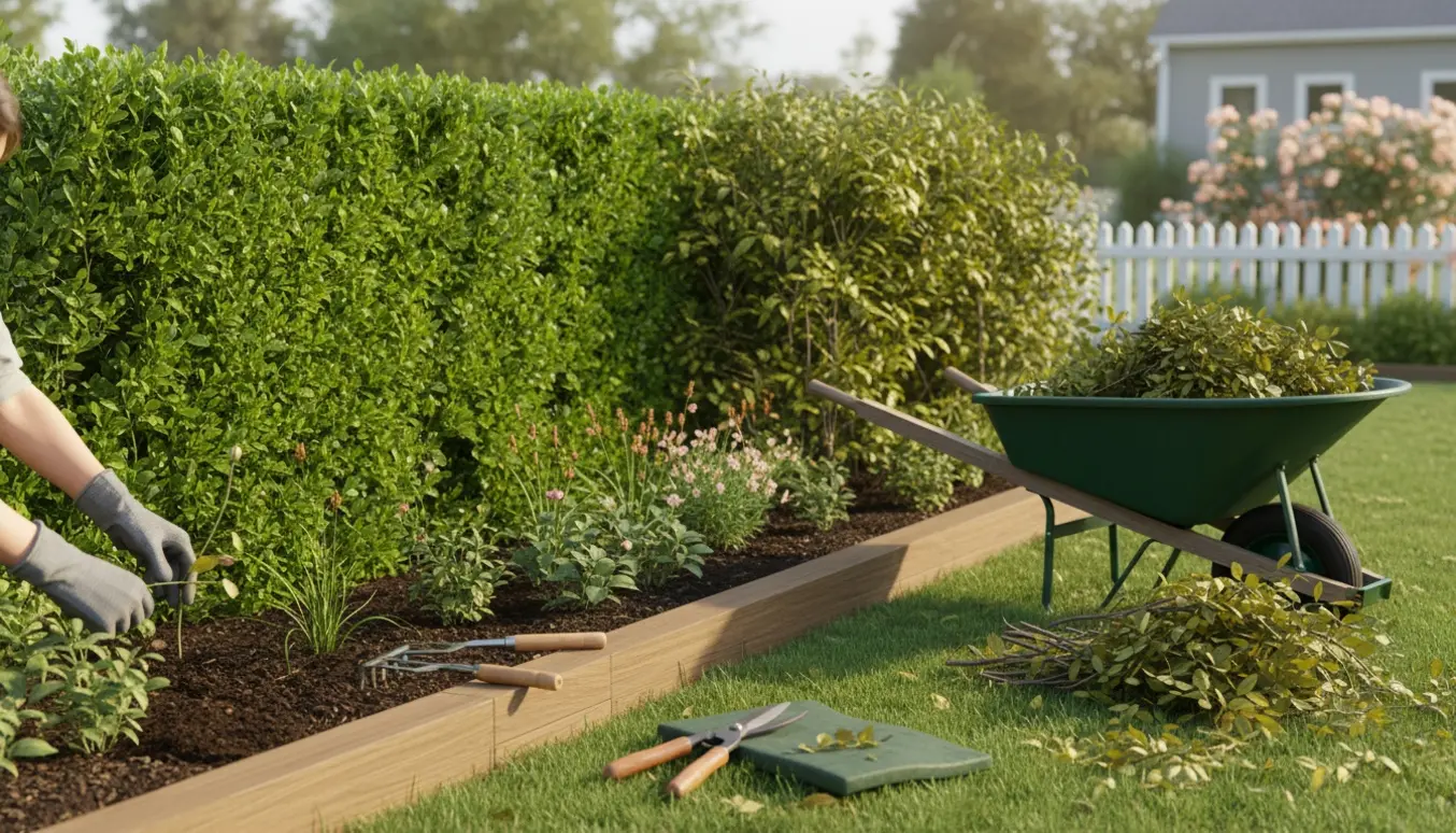 Trimming af hæk og lugning af et blomsterbed i en soloplyst have med haveredskaber i forgrunden.