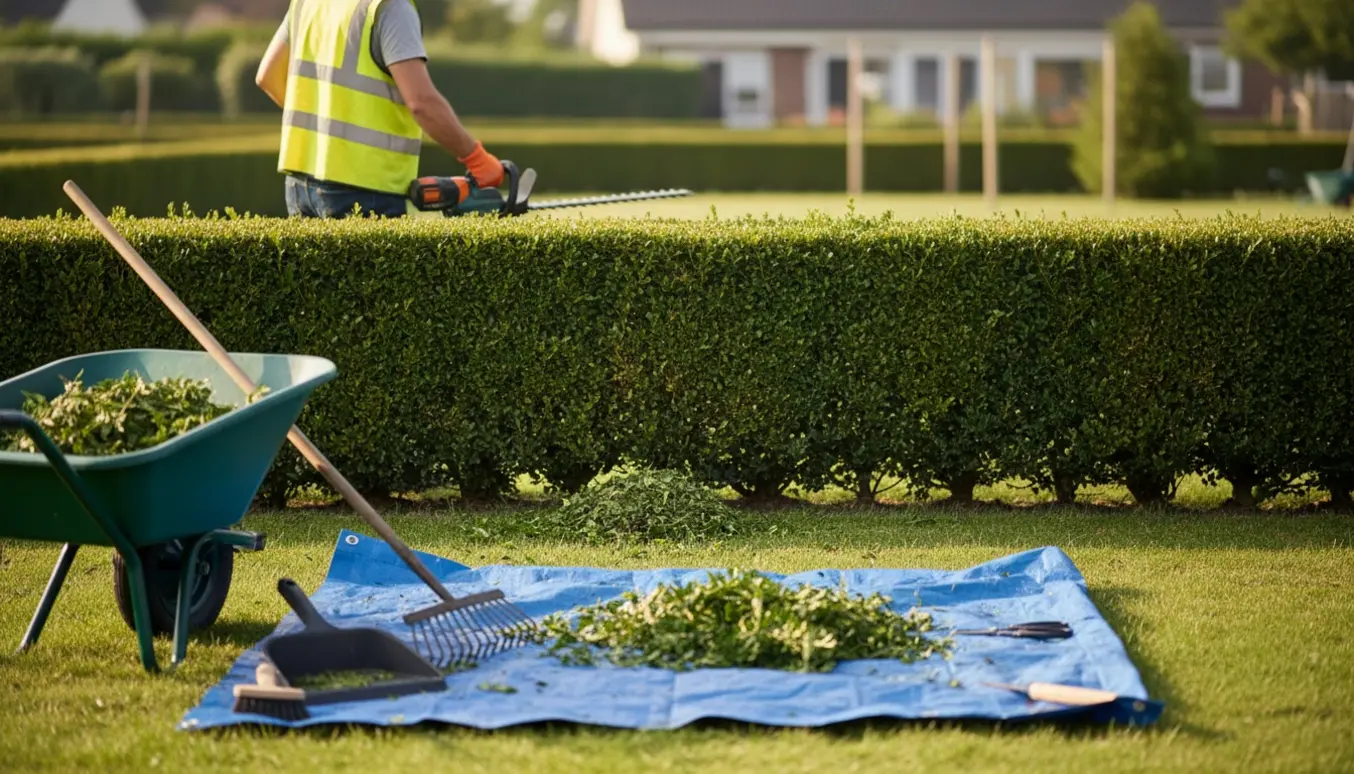 En person set bagfra klipper hæk og rydder afklip op med trillebør og rive i en solrig have.