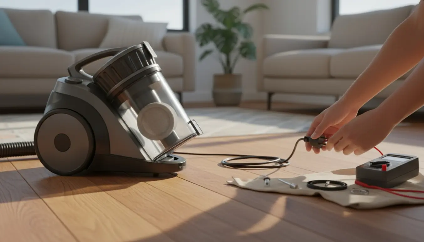 En person undersøger en moderne støvsuger med åben støvbeholder og værktøj ved siden af.