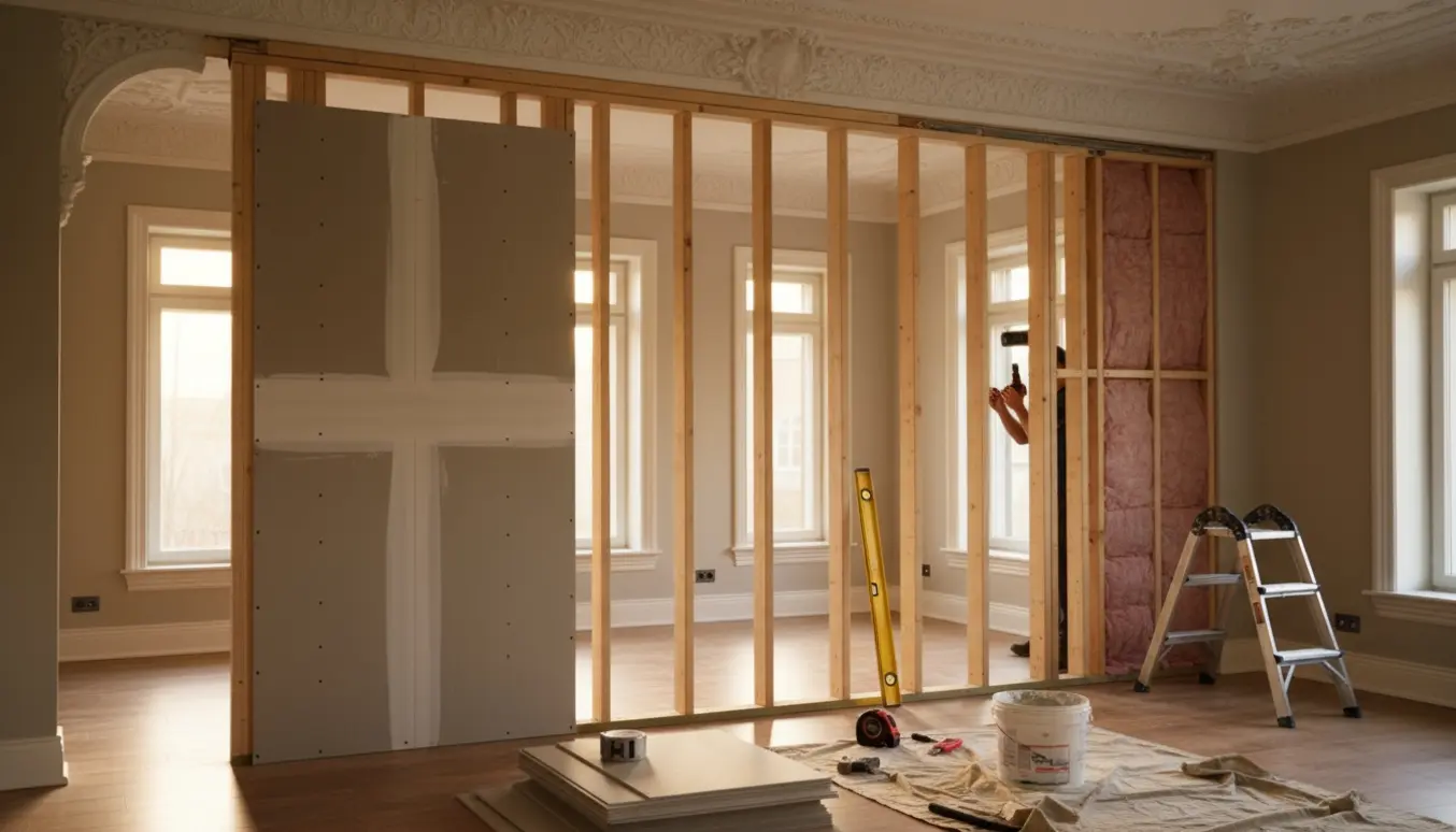 Tom stue med en delvist opført skillevæg under en dekorativ stukbue, værktøj og materialer klar til montage.