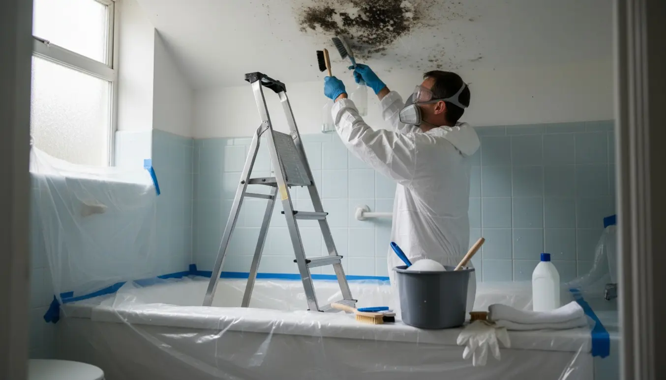 Person med åndedrætsmaske skrubber skimmelsvamp af badeværelsesloftet over et plastikdækket badekar.