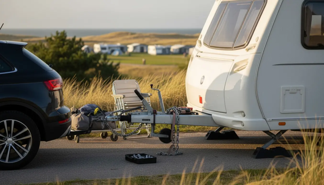 En campingvogn bliver fastgjort til en bil ved en kystnær campingplads klar til transport.
