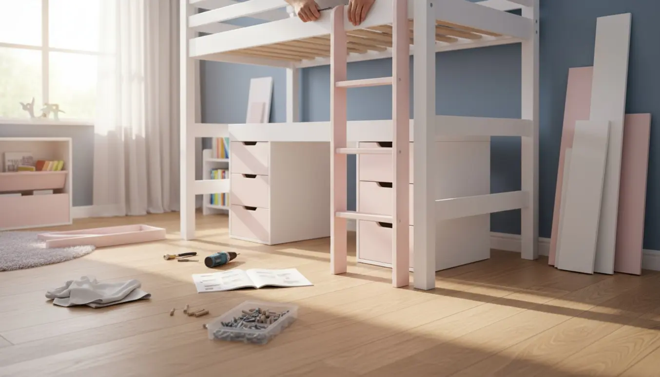 Delvist samlet hvid og lys pink børneløftseng i et lyst værelse med værktøj og hænder, der strammer en bolt.