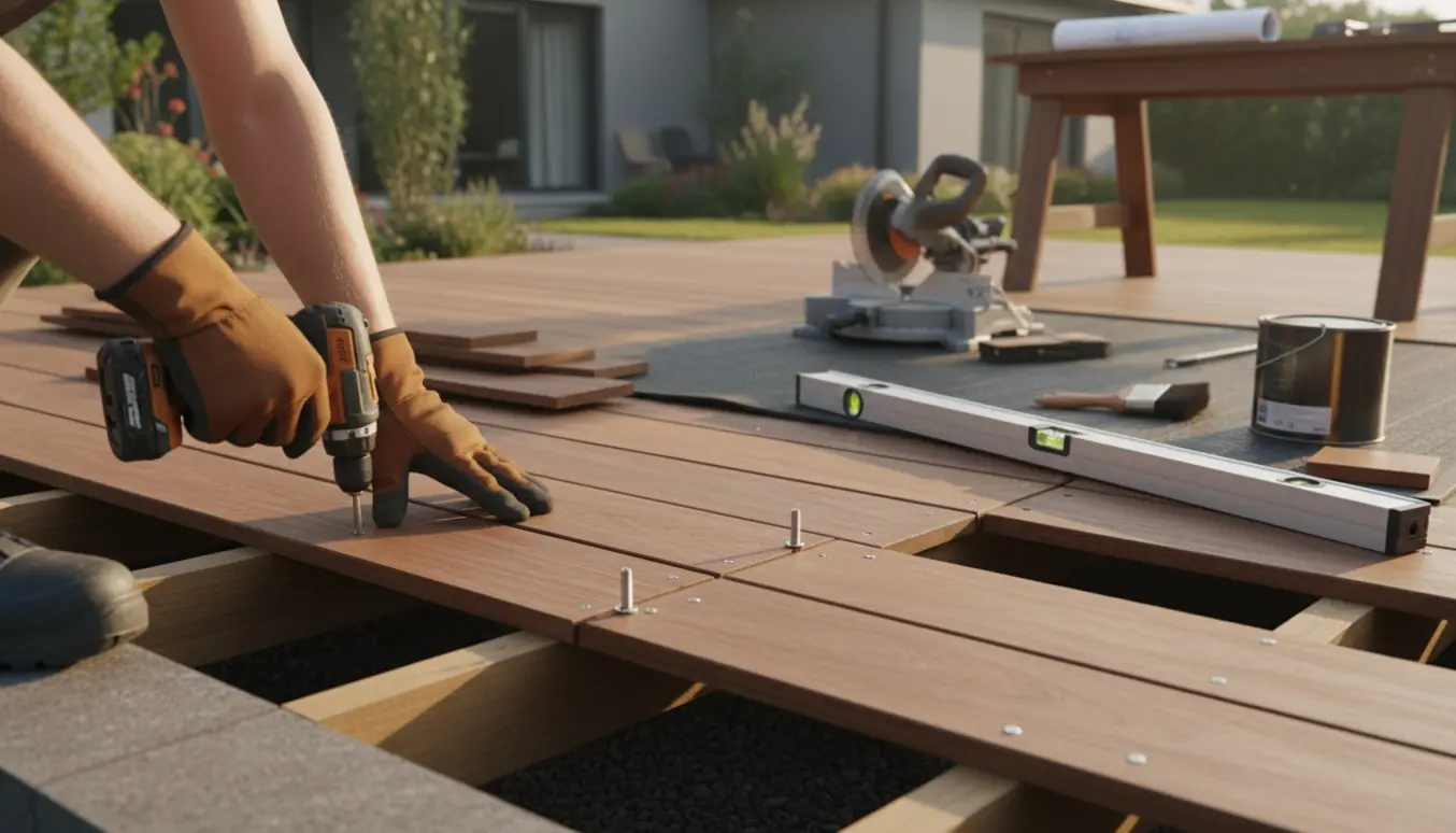 Delvist færdig træterrasse i hårdt træ med værktøj og hænder i solrigt haveområde.