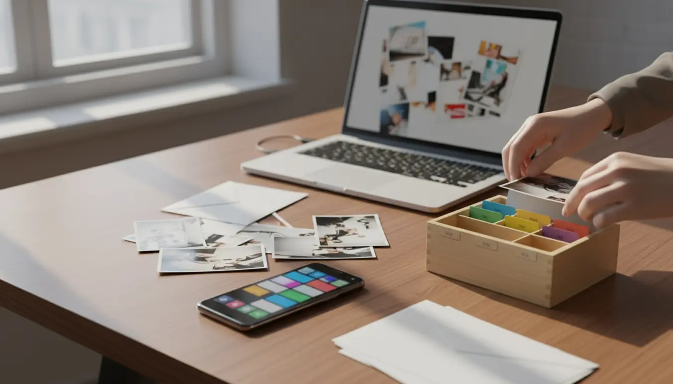 Smartphone og laptop på et skrivebord med uordnede billedminiaturer og farvede faner, der illustrerer rod i sky‑synkronisering.