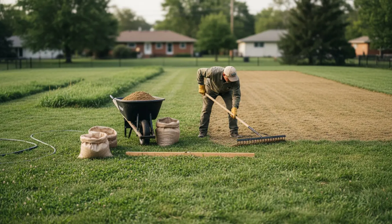 Topdressing af en ujævn to år gammel græsplæne med haveredskaber og synlig udglatning.
