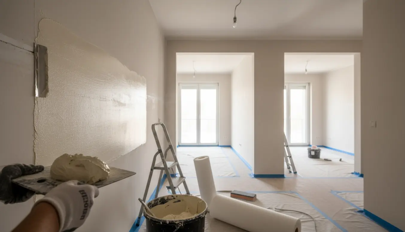 Nærbillede af spartling og påsætning af filt i en lys lejlighed med værktøj og stige.