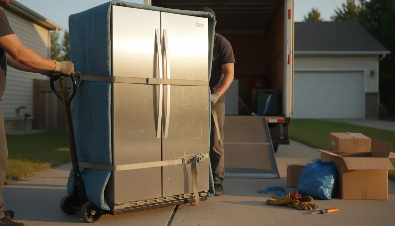 Et amerikansk køle-/fryseskab på en flyttevogn klar til afhentning på indkørslen.